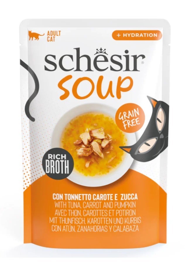 Schesir Soup for Adult Cats – Wild Tuna with Carrot and Pumpkin – Grain-Free Wet Food – Rich Broth for Hydration – 85 g (Pack of 4) - Image 1